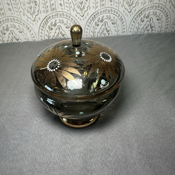 Vintage Bohemian Czech Iridescent Glass Covered Candy Dish Gold Flowers - Picture 2 of 7